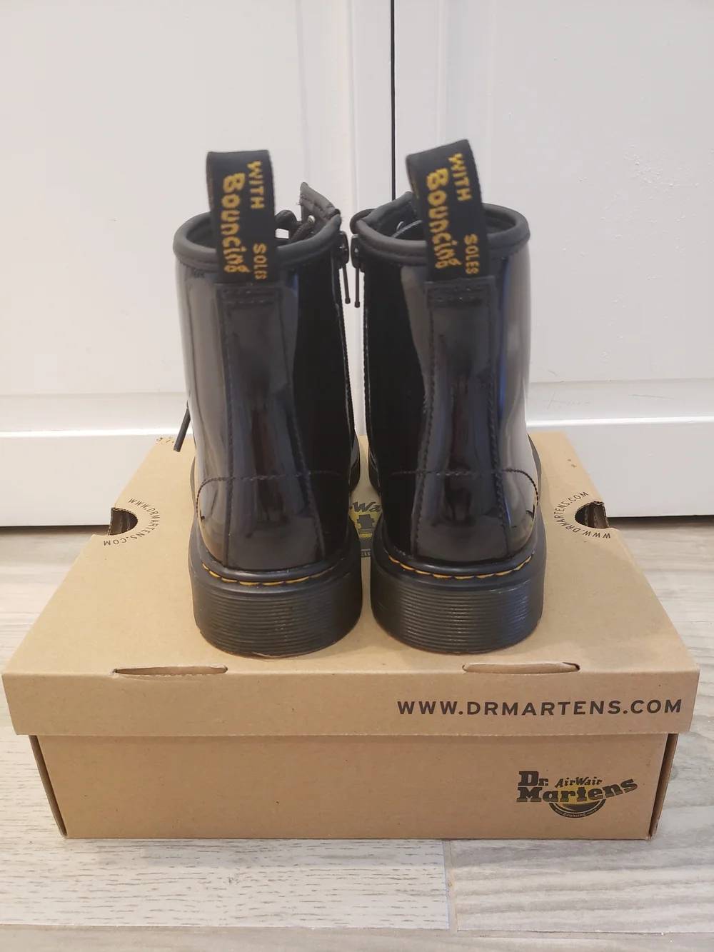 Dr. Martens Kids Black Patent 1460 J Boots (Box Shown)